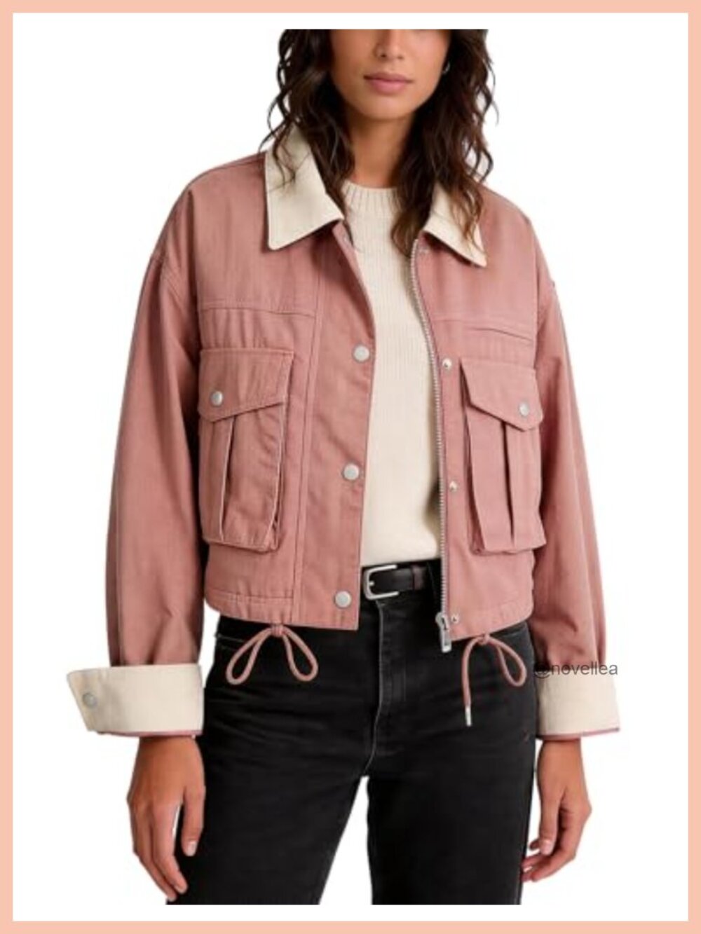 Cropped Cotton Canvas Utility Jacket Contrast Collar Zip Snap Oversized